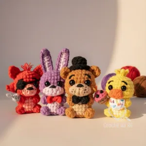 Chaveiros Amigurumi FNAF – Freddy, Bonnie, Chica e Foxy