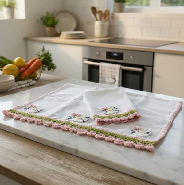 Pano de Prato Hello Kitty – Artesanal em Crochê / Bordado 🎀